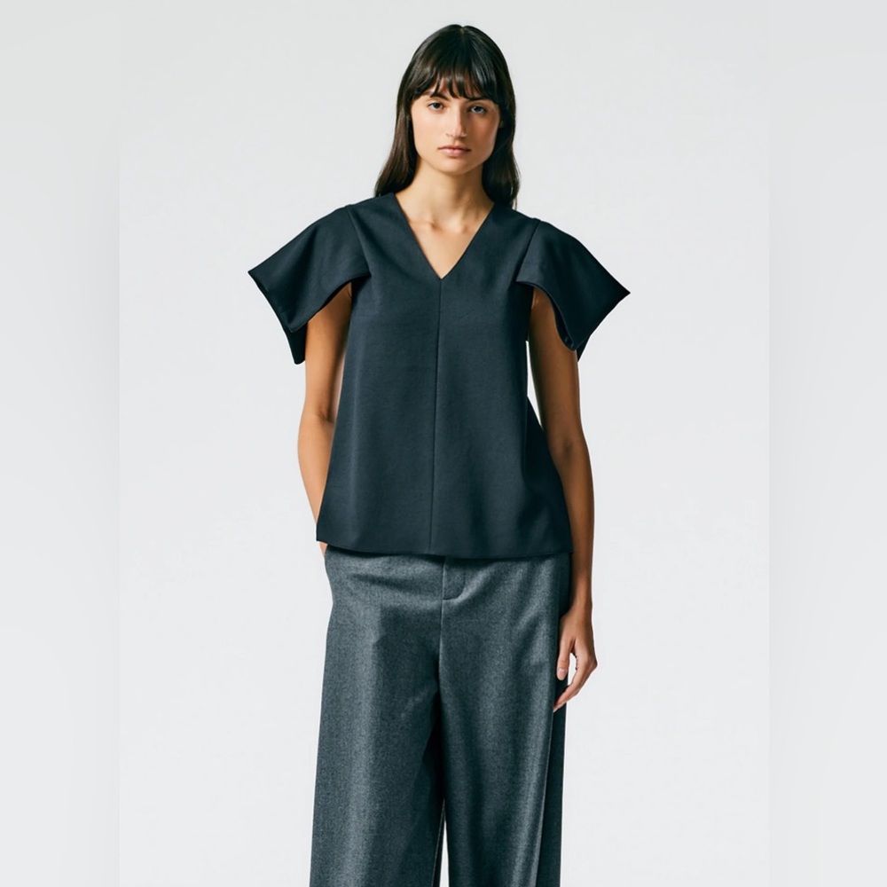 Tibi Chalky Drape V-Neck Top With Folded Sleeve